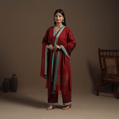 Maroon Mercerised Cotton Jacquard Kurta Set (Set of 3)