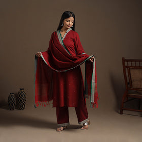 Maroon Mercerised Cotton Jacquard Kurta Set (Set of 3)