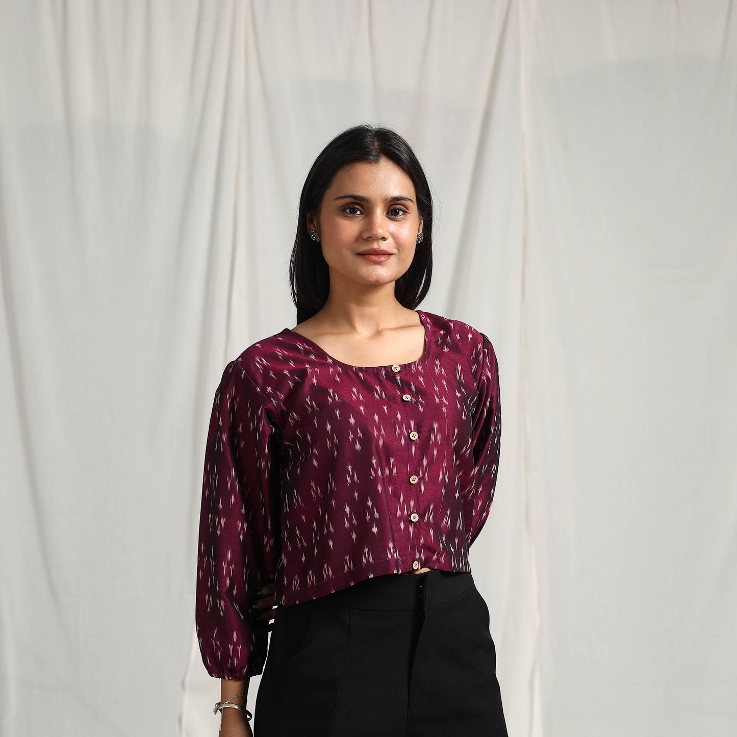 Buy Maroon Mercerised Cotton Pochampally Ikat Crop Top