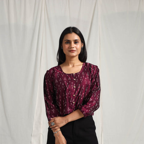 Buy Maroon Mercerised Cotton Pochampally Ikat Crop Top