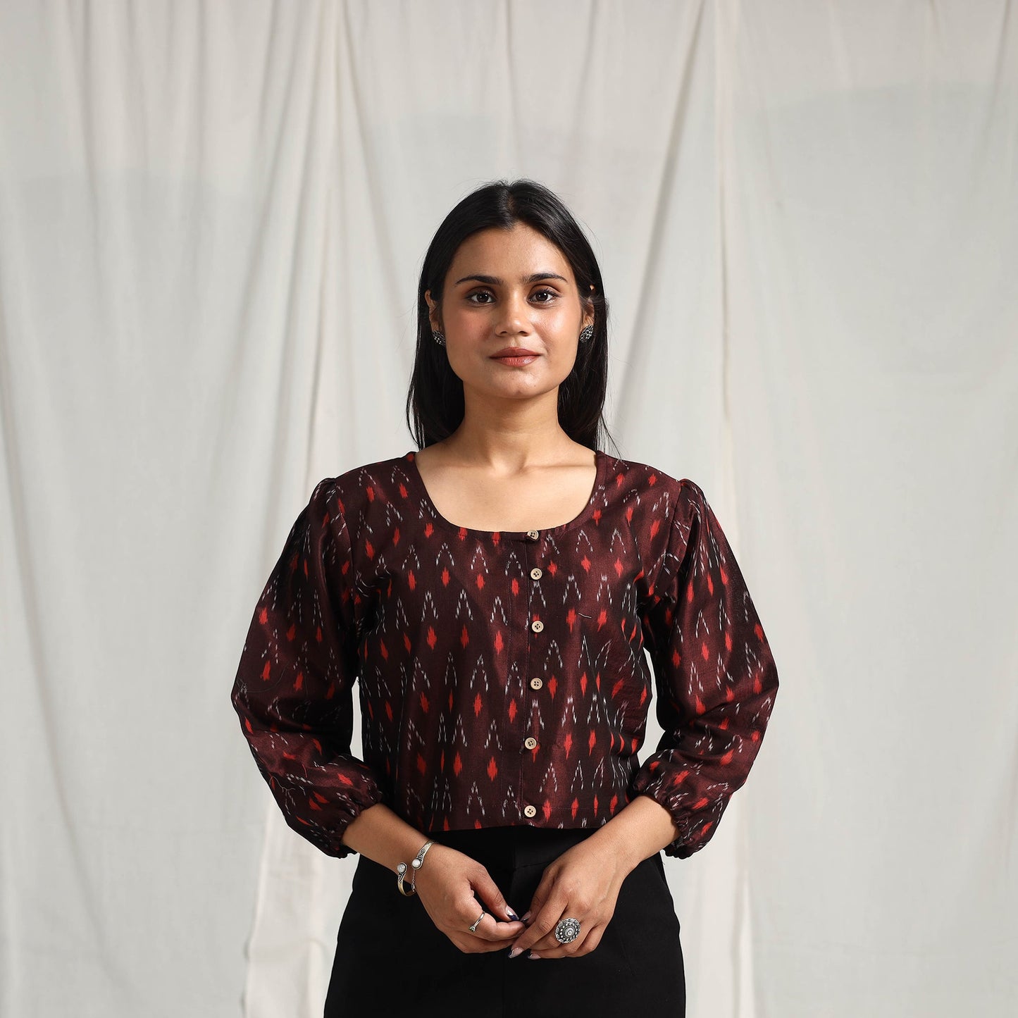 Maroon Mercerised Cotton Pochampally Ikat Crop Top