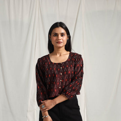  Maroon Mercerised Cotton Pochampally Ikat Crop Top