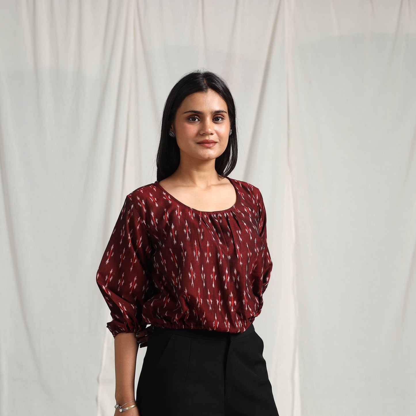 Maroon Mercerised Cotton Pochampally Ikat Crop Top