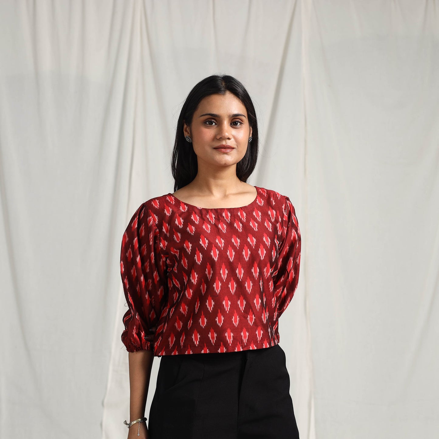  Maroon Mercerised Cotton Pochampally Ikat Crop Top