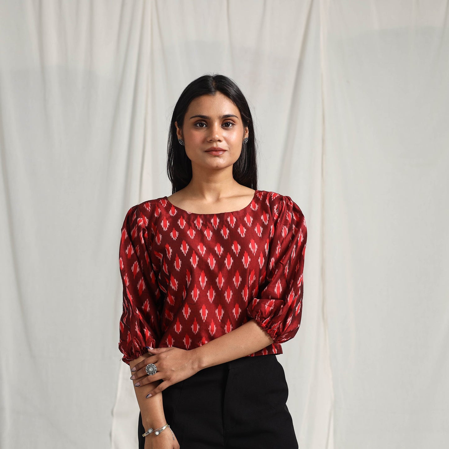  Maroon Mercerised Cotton Pochampally Ikat Crop Top