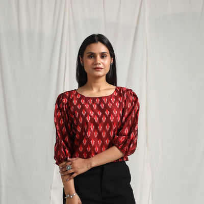  Maroon Mercerised Cotton Pochampally Ikat Crop Top