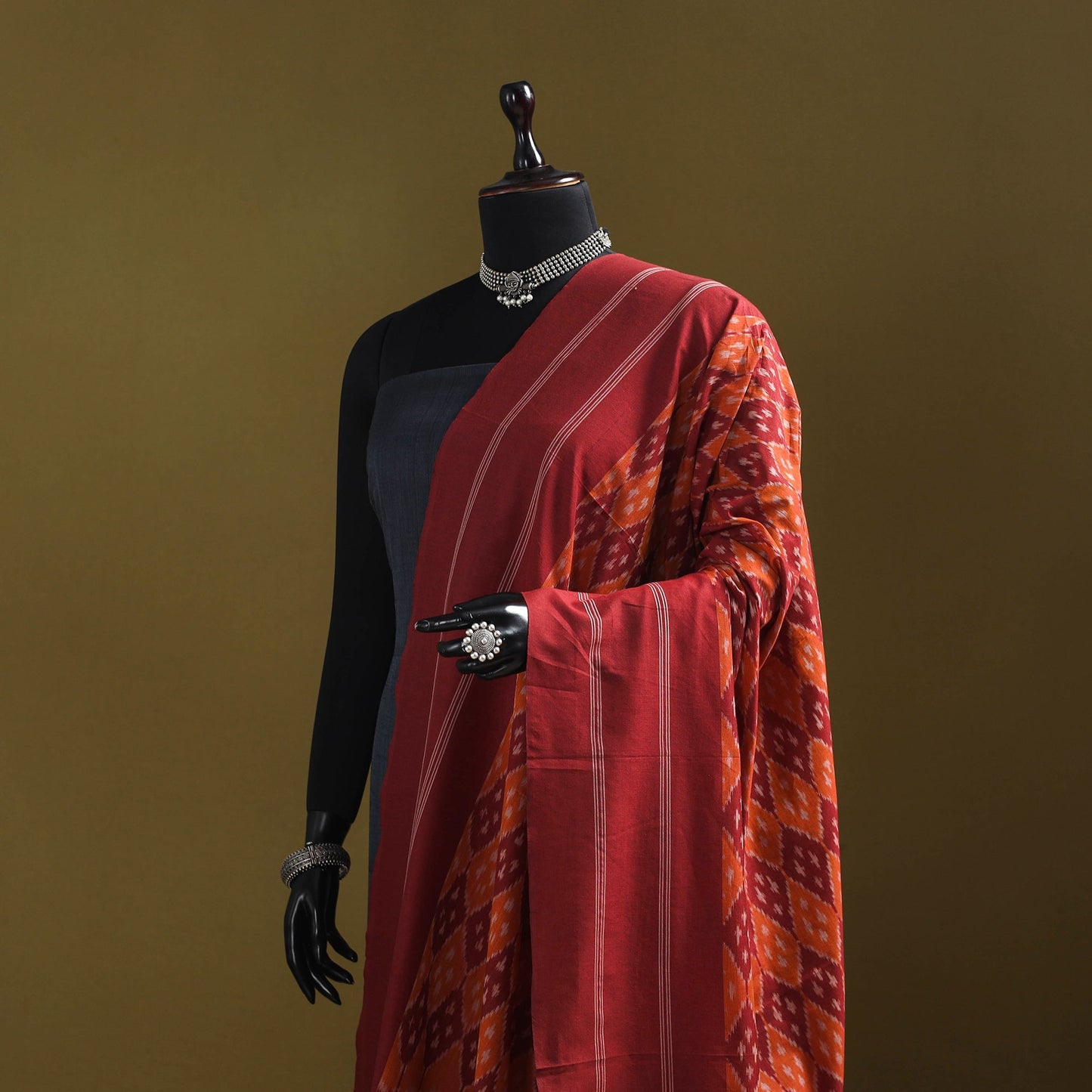 Maroon - mercerised cotton pochampally ikat dupatta 11
