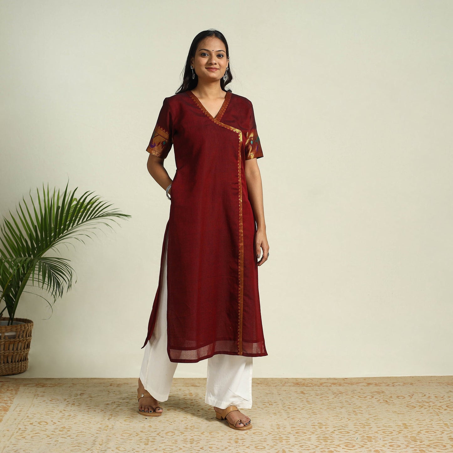 Buy Maroon Mercerised Cotton Straight Dharwad Kurta