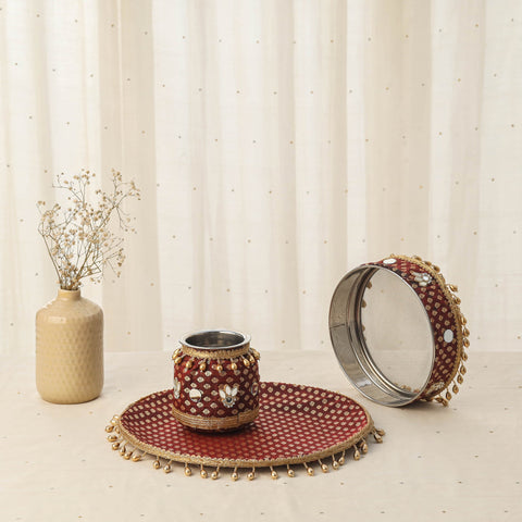 Maroon mirror beads karwa chauth thali set 08 - handcrafted