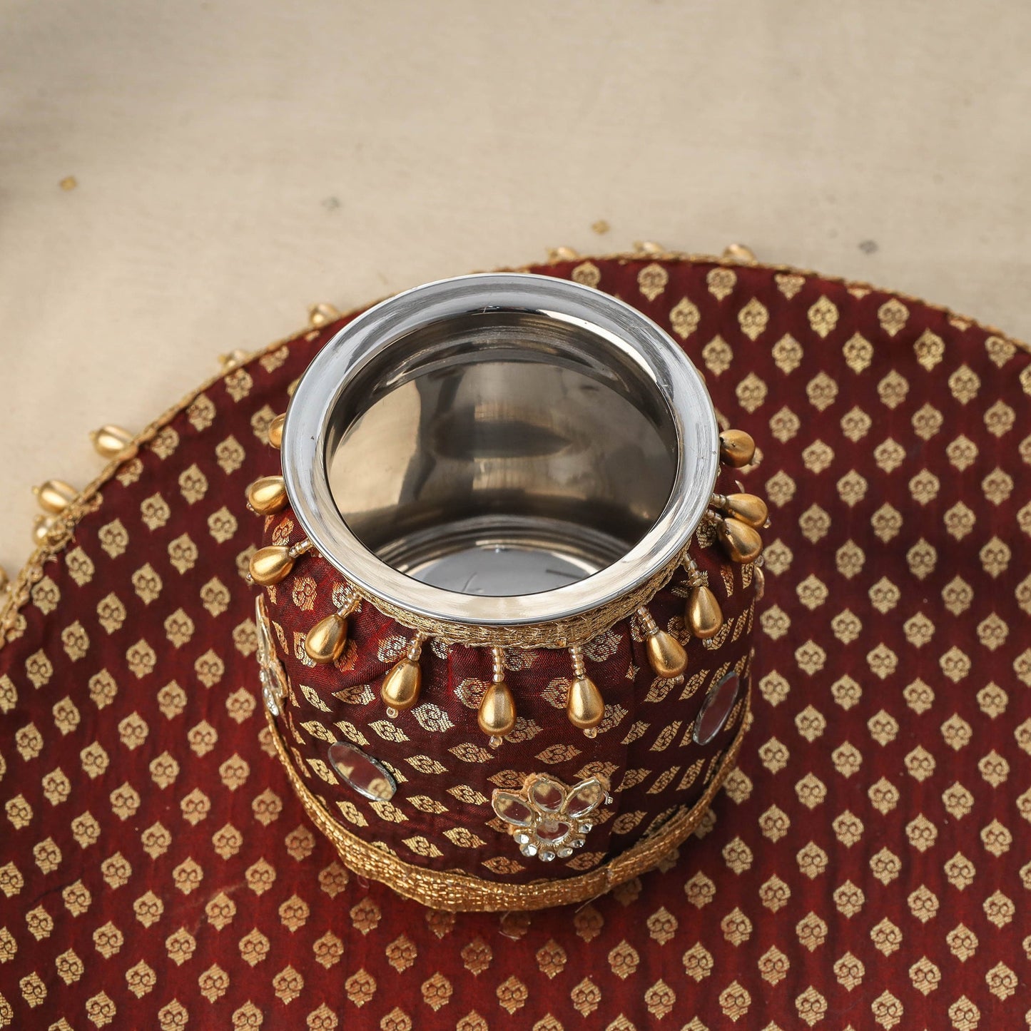 Maroon mirror beads karwa chauth thali set 08 - handcrafted