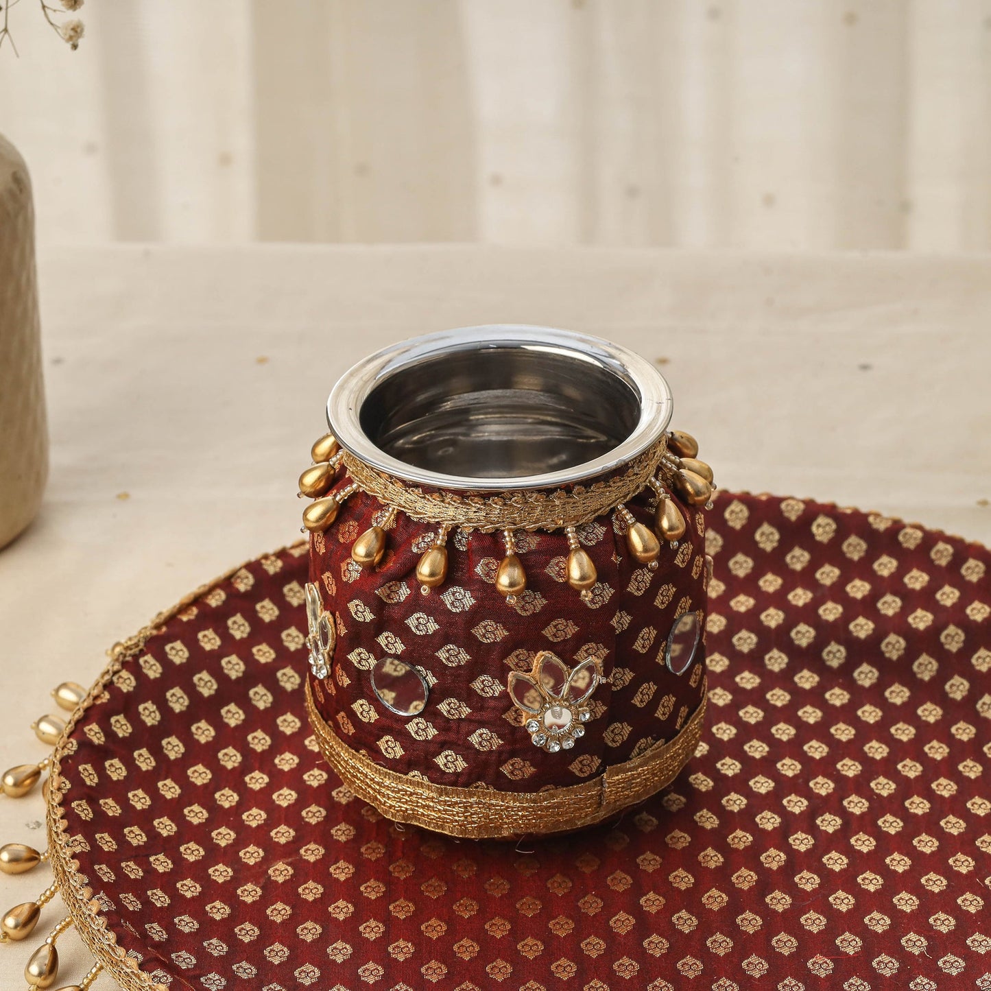 Maroon mirror beads karwa chauth thali set 08 - handcrafted