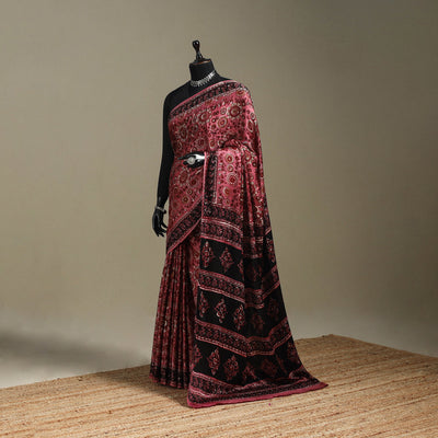 Maroon - modal silk bagru saree 32 - handcrafted