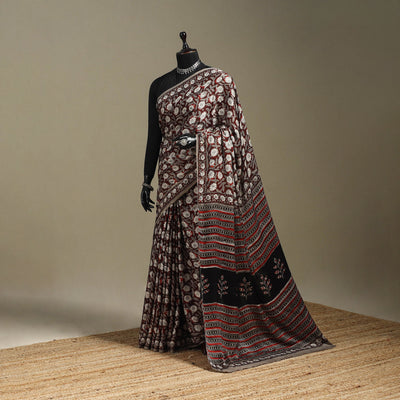 Maroon - modal silk bagru saree 33 - handcrafted