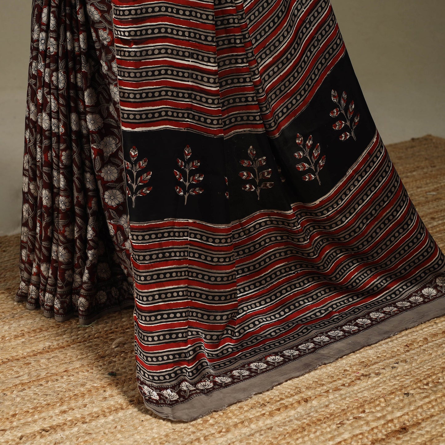 Maroon - modal silk bagru saree 33 - handcrafted