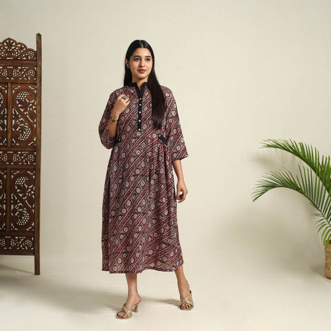 Buy Maroon Block Print Mul Cotton Bagh Dress