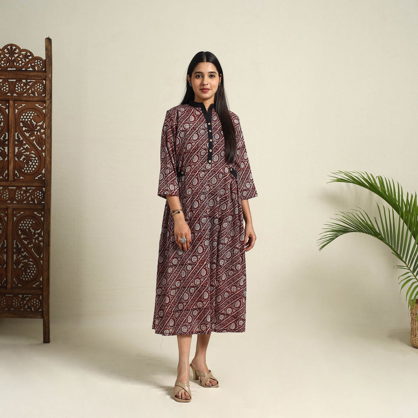 Buy Maroon Block Print Mul Cotton Bagh Dress