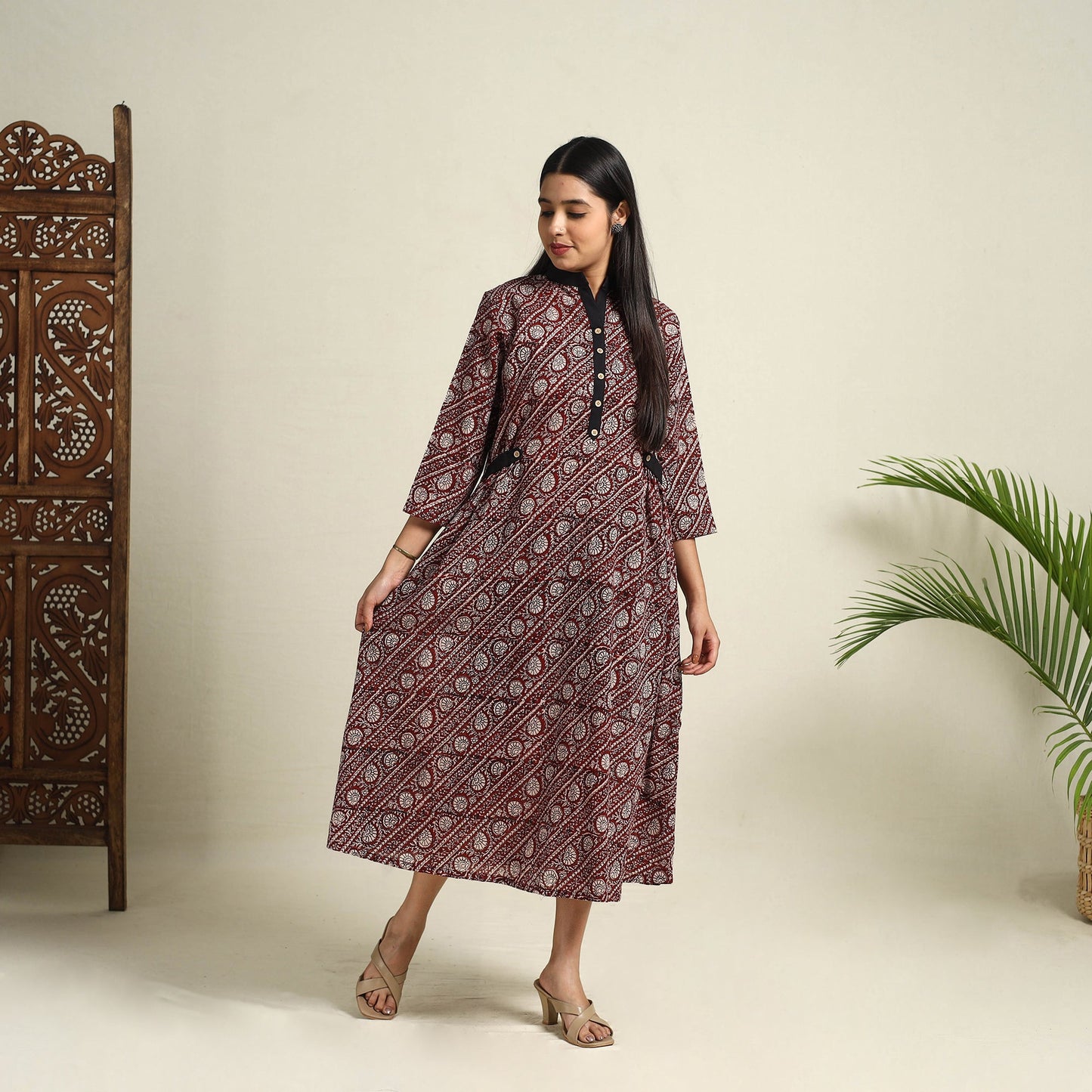 Buy Maroon Block Print Mul Cotton Bagh Dress
