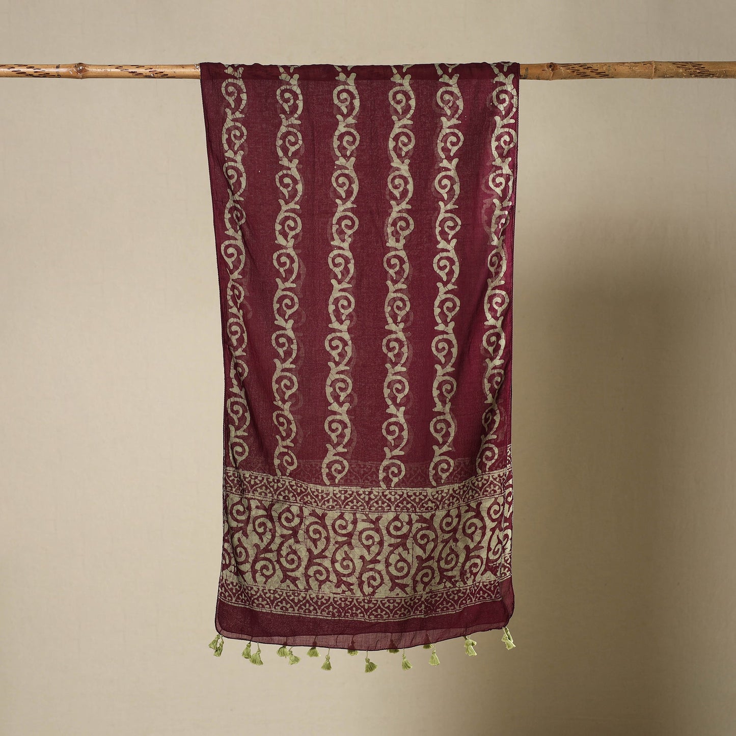 Maroon - mul cotton hand batik stole with tassels 11