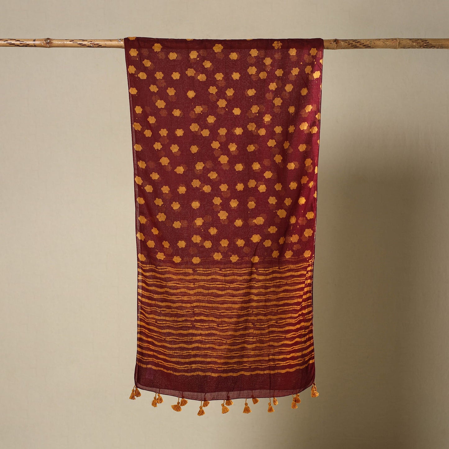 Buy Maroon Mul Cotton Hand Batik Print Stole with Tassels