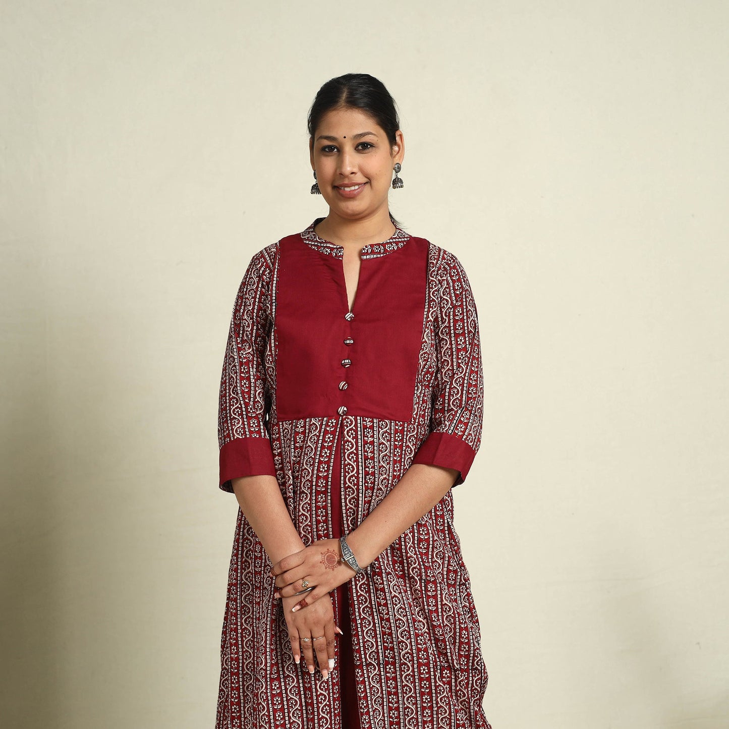  Maroon Block Print Mul Cotton A-Line Bagh Kurta for Women