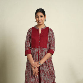  Maroon Block Print Mul Cotton A-Line Bagh Kurta for Women