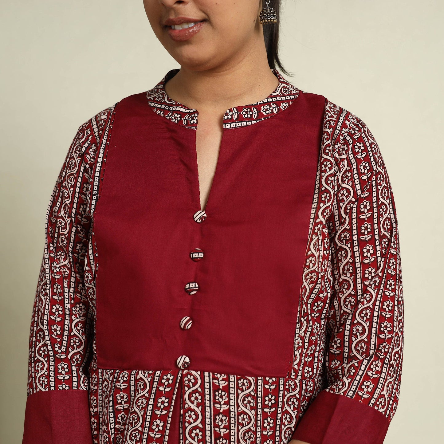  Maroon Block Print Mul Cotton A-Line Bagh Kurta for Women