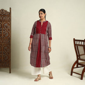  Maroon Block Print Mul Cotton A-Line Bagh Kurta for Women