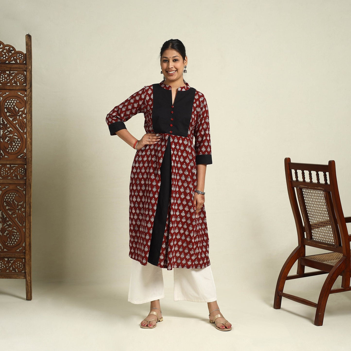  Maroon Block Print Mul Cotton A-Line Bagh Kurta for Women