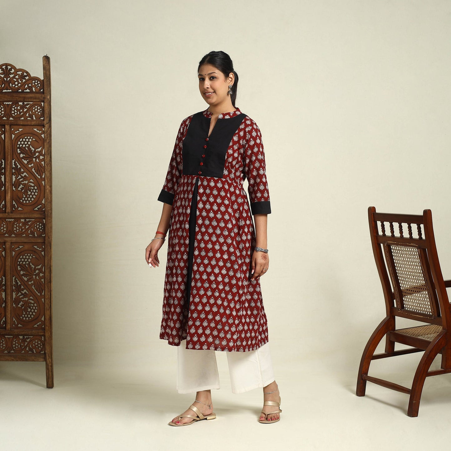  Maroon Block Print Mul Cotton A-Line Bagh Kurta for Women