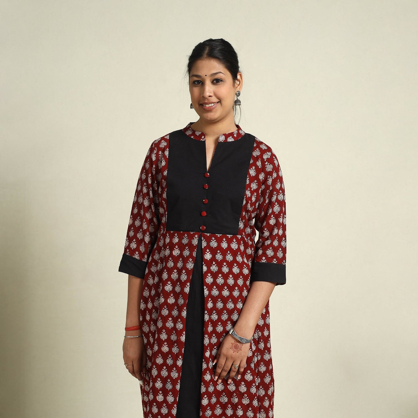  Maroon Block Print Mul Cotton A-Line Bagh Kurta for Women
