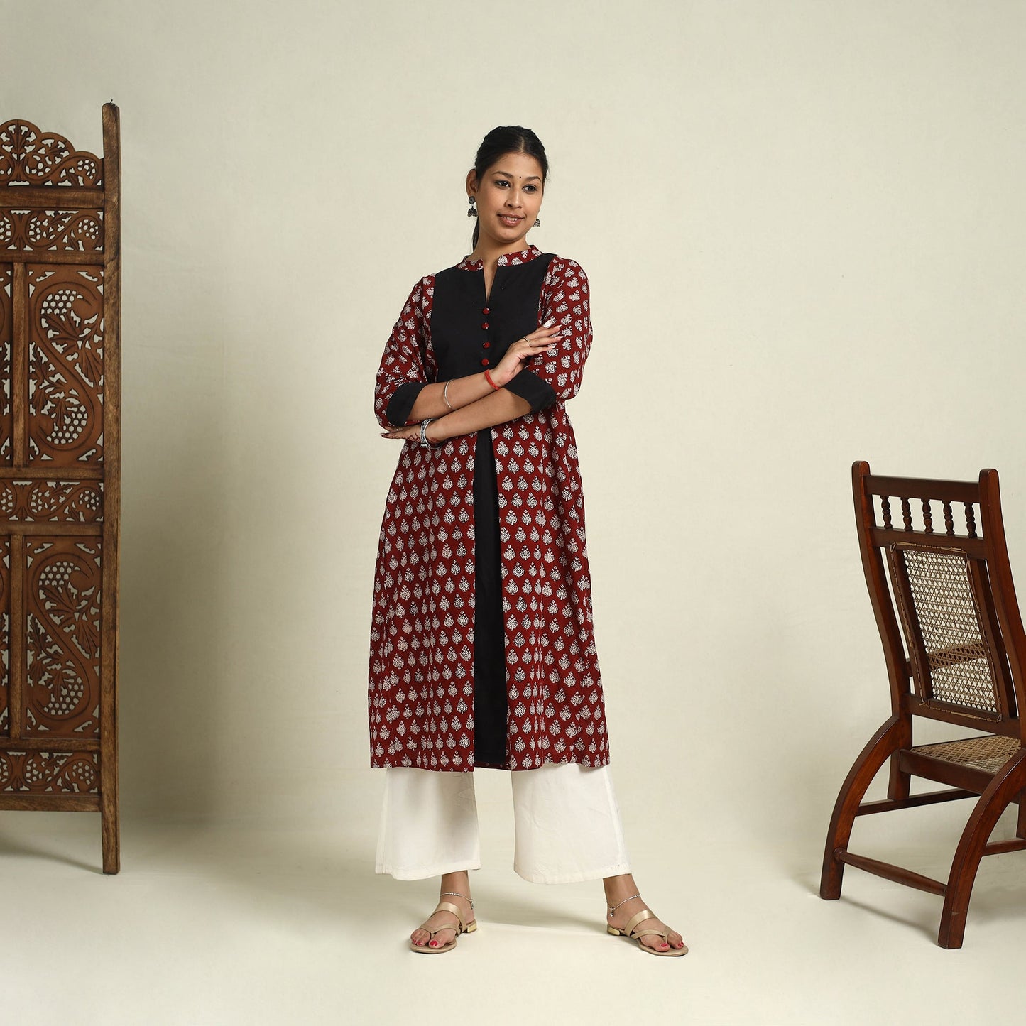  Maroon Block Print Mul Cotton A-Line Bagh Kurta for Women