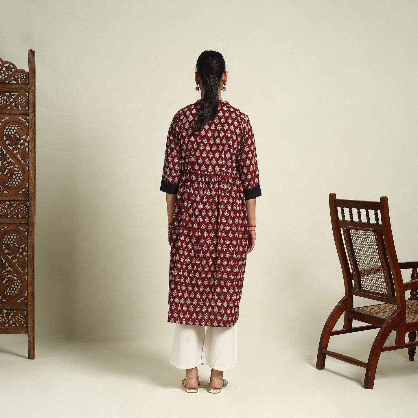  Maroon Block Print Mul Cotton A-Line Bagh Kurta for Women
