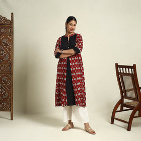  Maroon Block Print Mul Cotton A-Line Bagh Kurta for Women