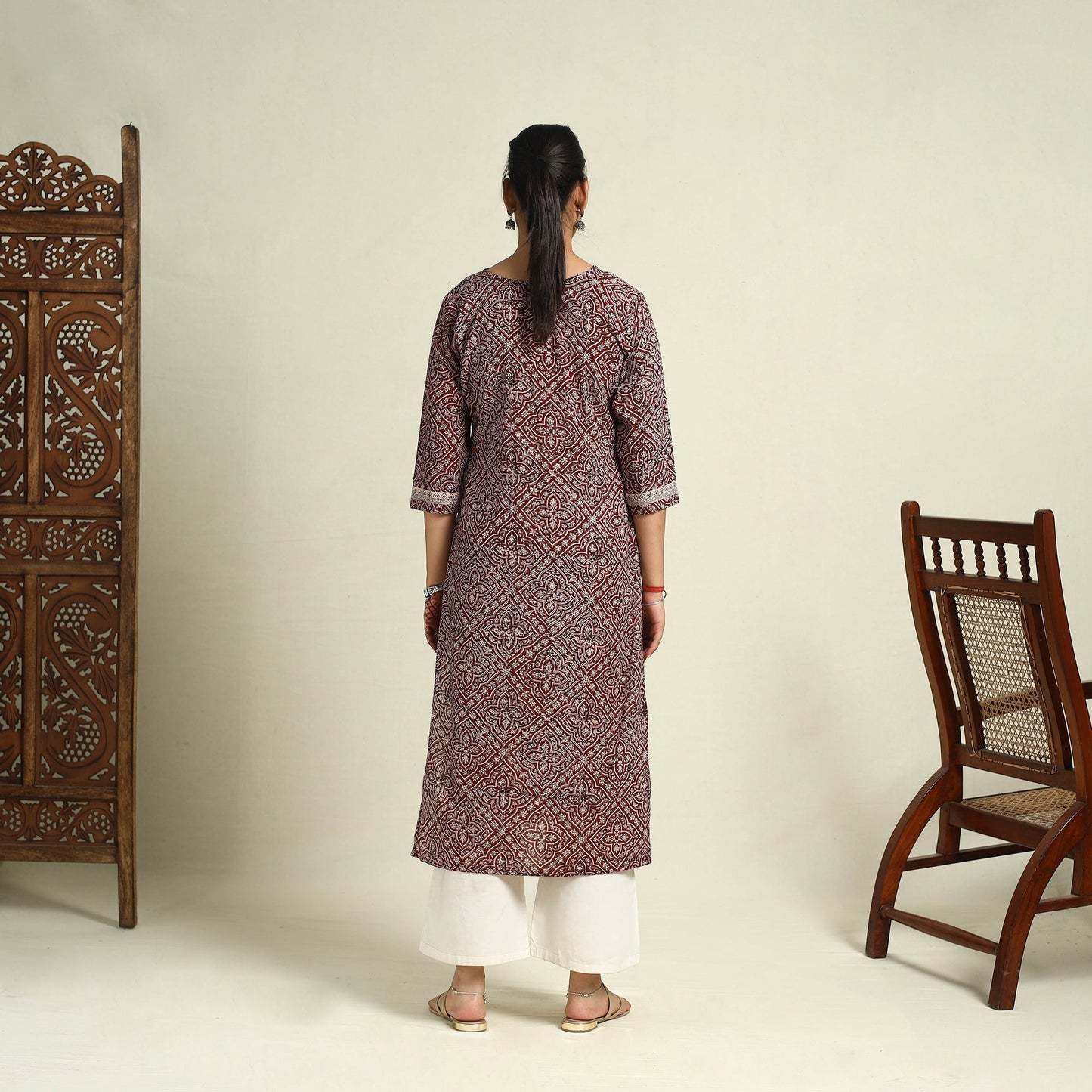 Buy Maroon Block Print Mul Cotton Straight Bagh Kurta For Women