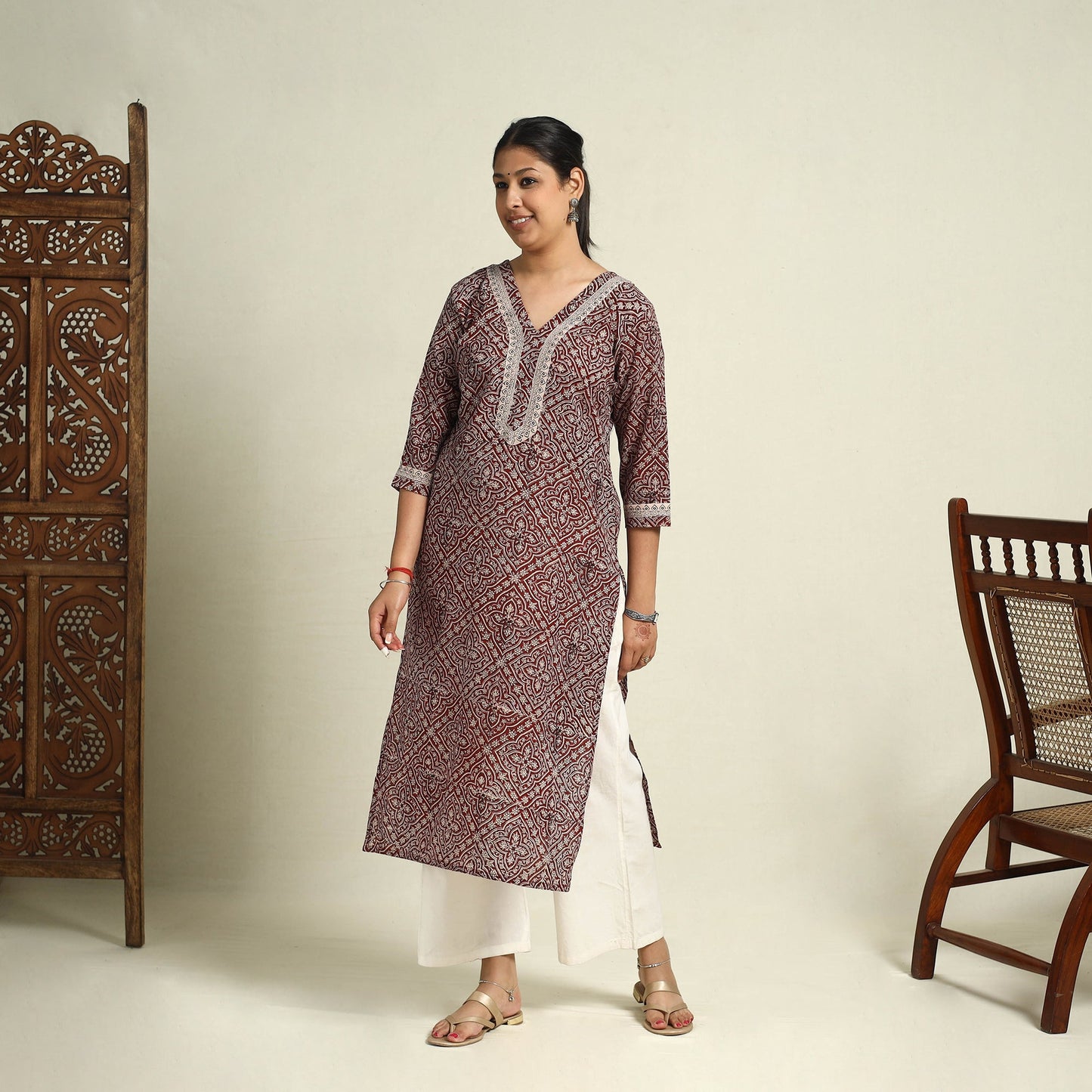 Buy Maroon Block Print Mul Cotton Straight Bagh Kurta For Women