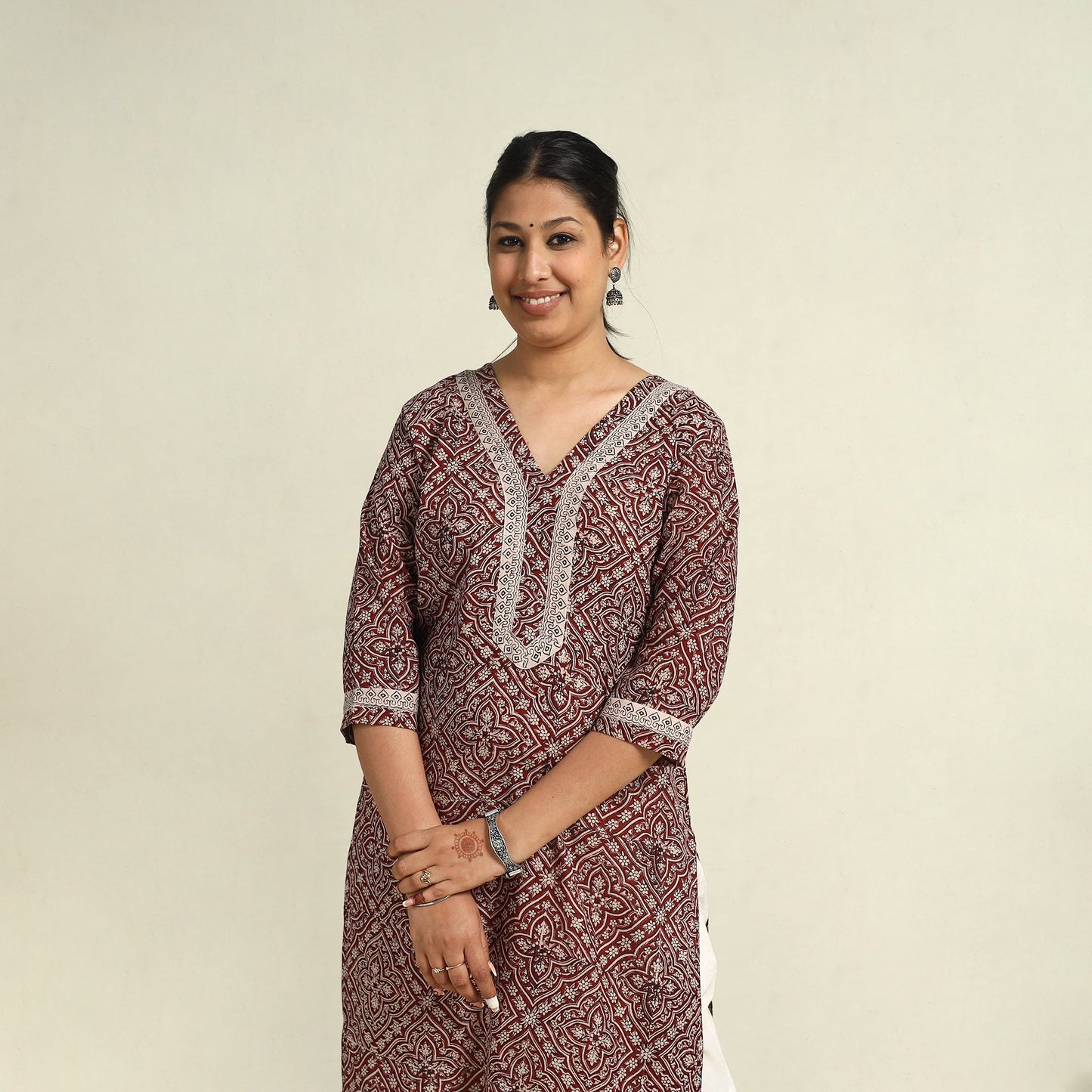 Buy Maroon Block Print Mul Cotton Straight Bagh Kurta For Women