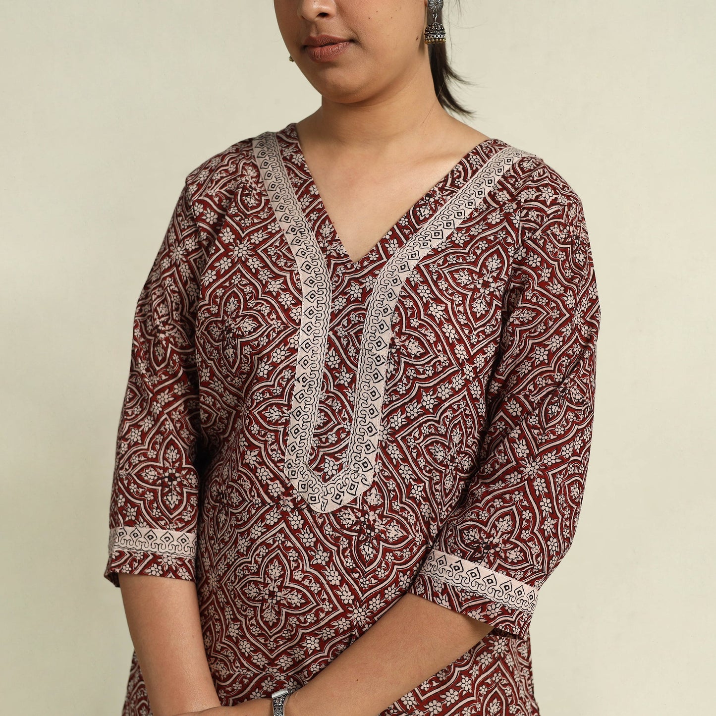 Buy Maroon Block Print Mul Cotton Straight Bagh Kurta For Women