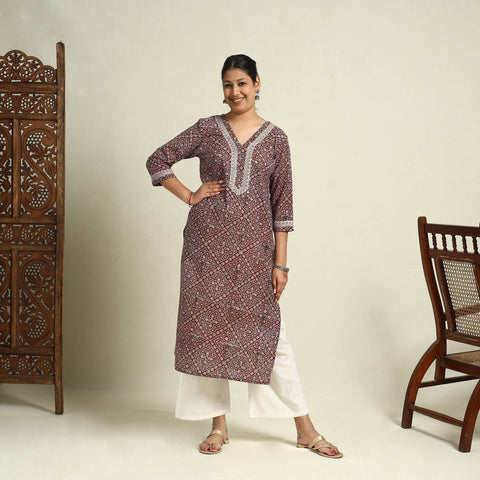Buy Maroon Block Print Mul Cotton Straight Bagh Kurta For Women