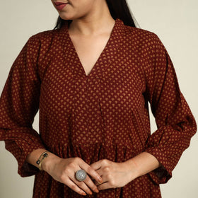  Maroon Block Print Mul Cotton Tiered Bagh Dress