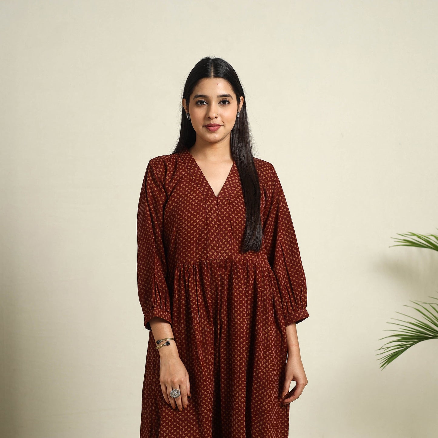  Maroon Block Print Mul Cotton Tiered Bagh Dress