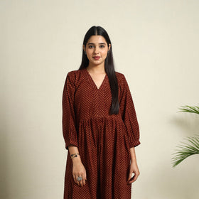  Maroon Block Print Mul Cotton Tiered Bagh Dress