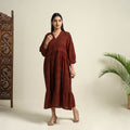  Maroon Block Print Mul Cotton Tiered Bagh Dress