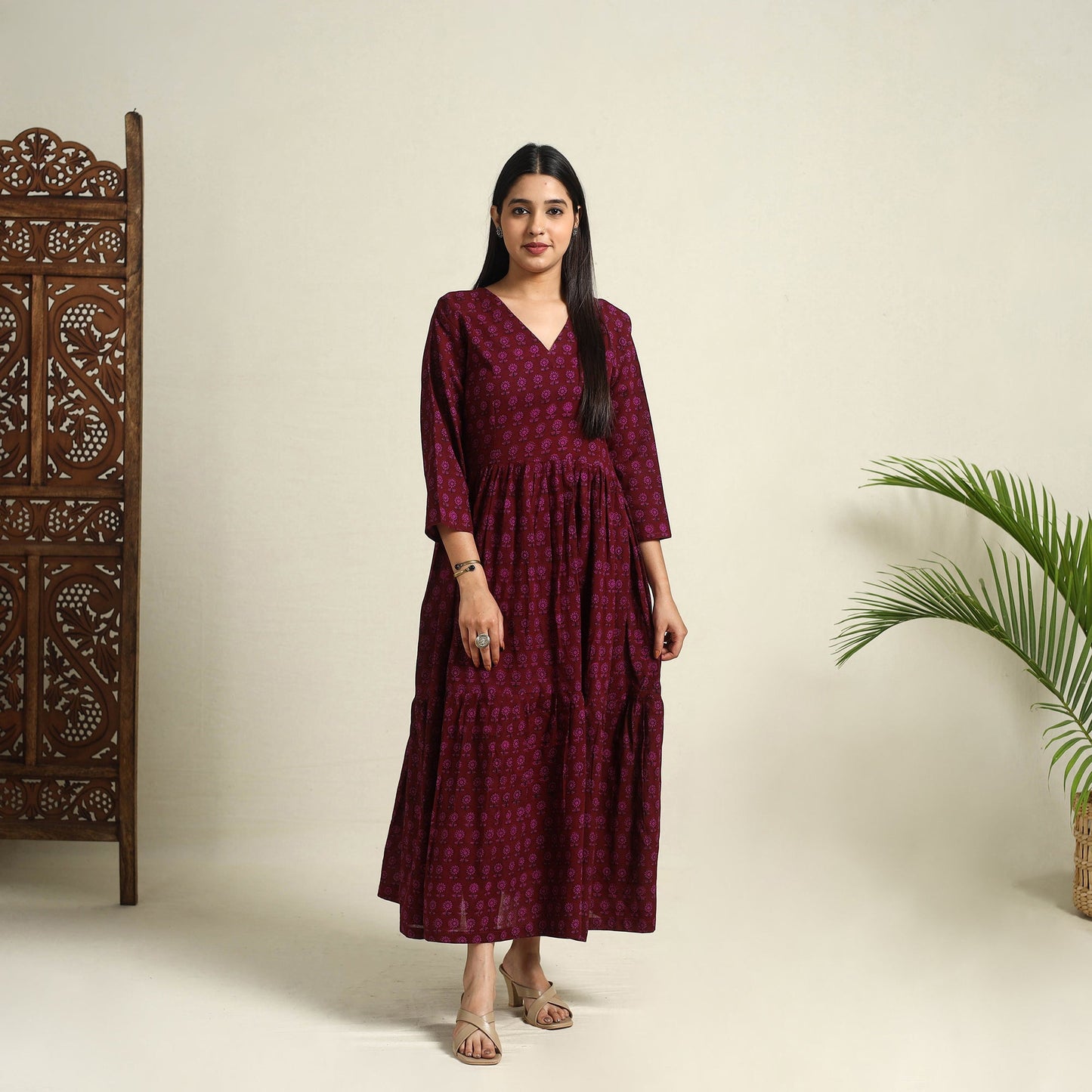  Maroon Block Print Mul Cotton Tiered Bagh Dress