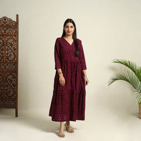  Maroon Block Print Mul Cotton Tiered Bagh Dress