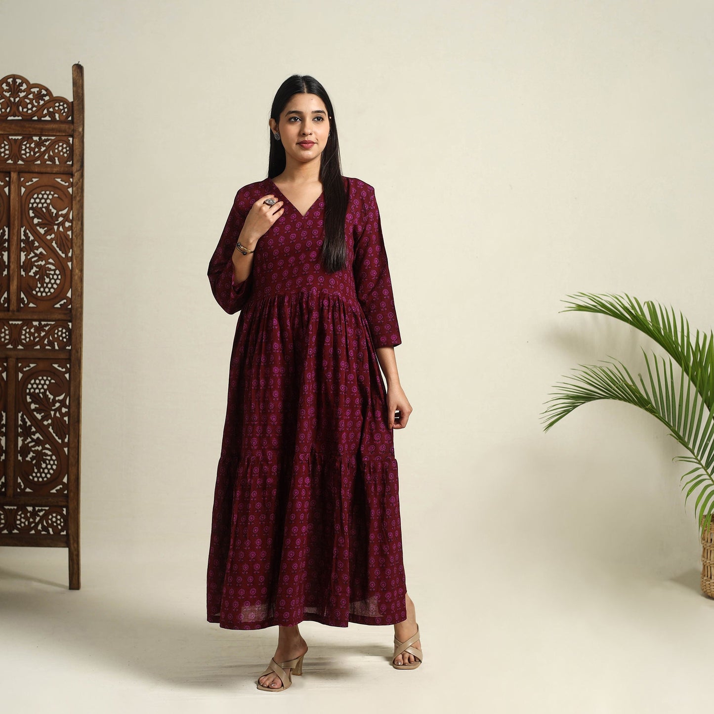  Maroon Block Print Mul Cotton Tiered Bagh Dress