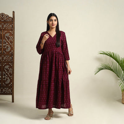  Maroon Block Print Mul Cotton Tiered Bagh Dress