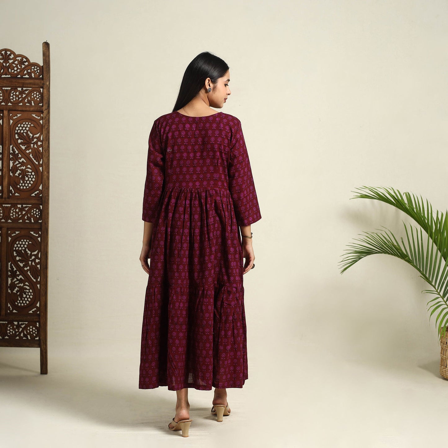 Maroon Block Print Mul Cotton Tiered Bagh Dress