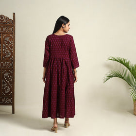  Maroon Block Print Mul Cotton Tiered Bagh Dress