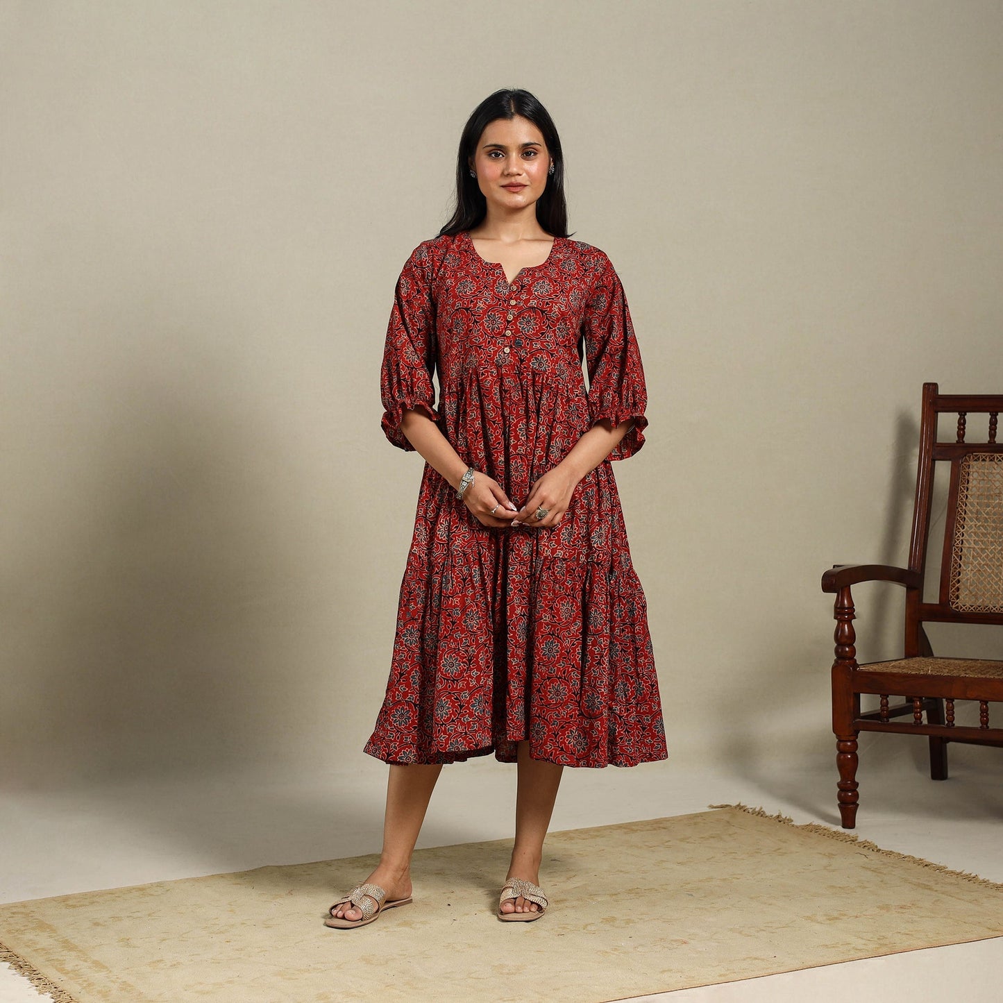 Maroon - natural dyed cotton tiered dress 06 - handcrafted