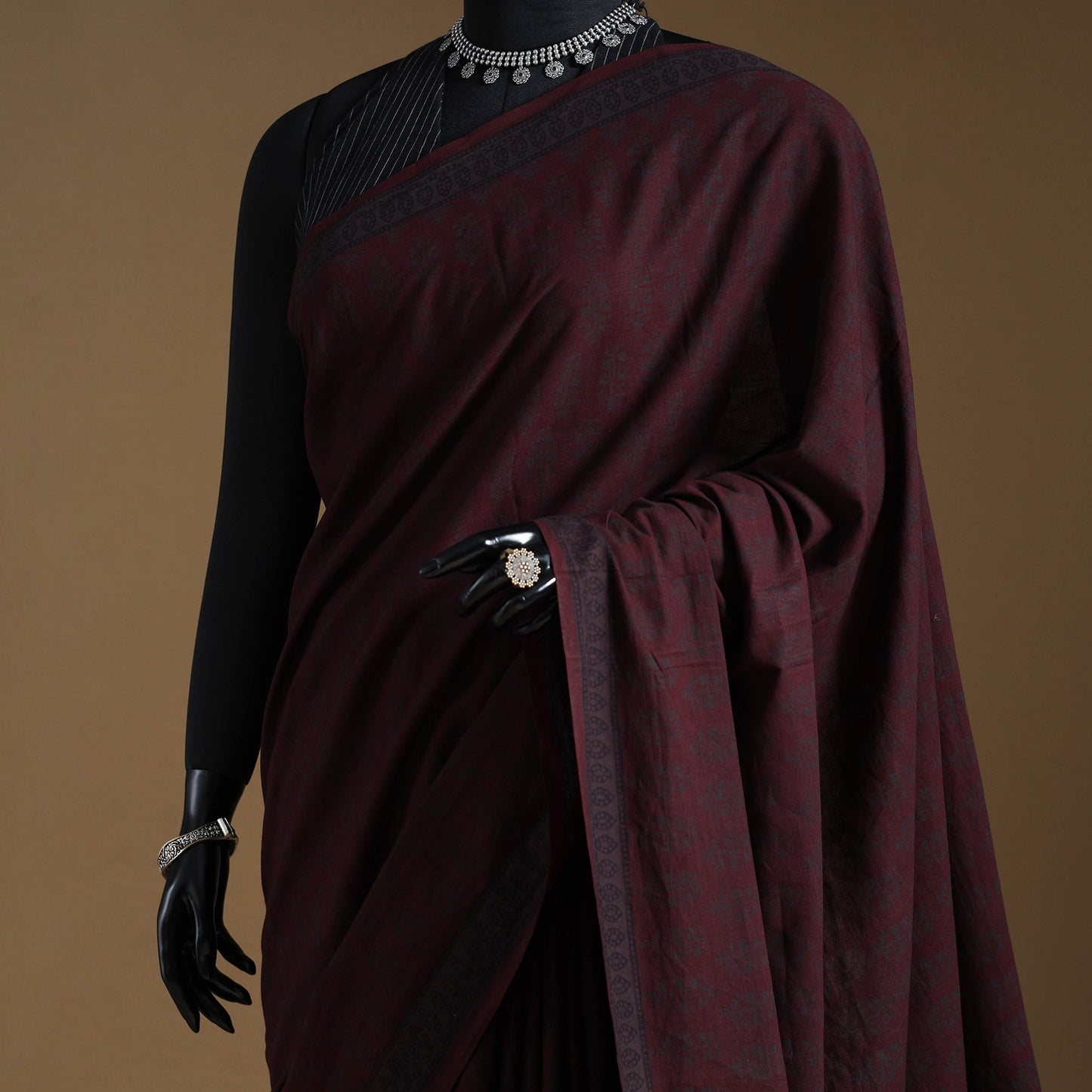 Maroon Block Print Natural Dyed Cotton Bagh Saree